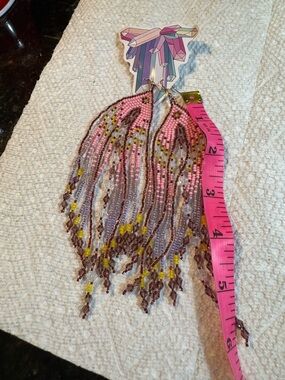 Pink and Purple Beaded Fringe Earrings with Yellow Accents